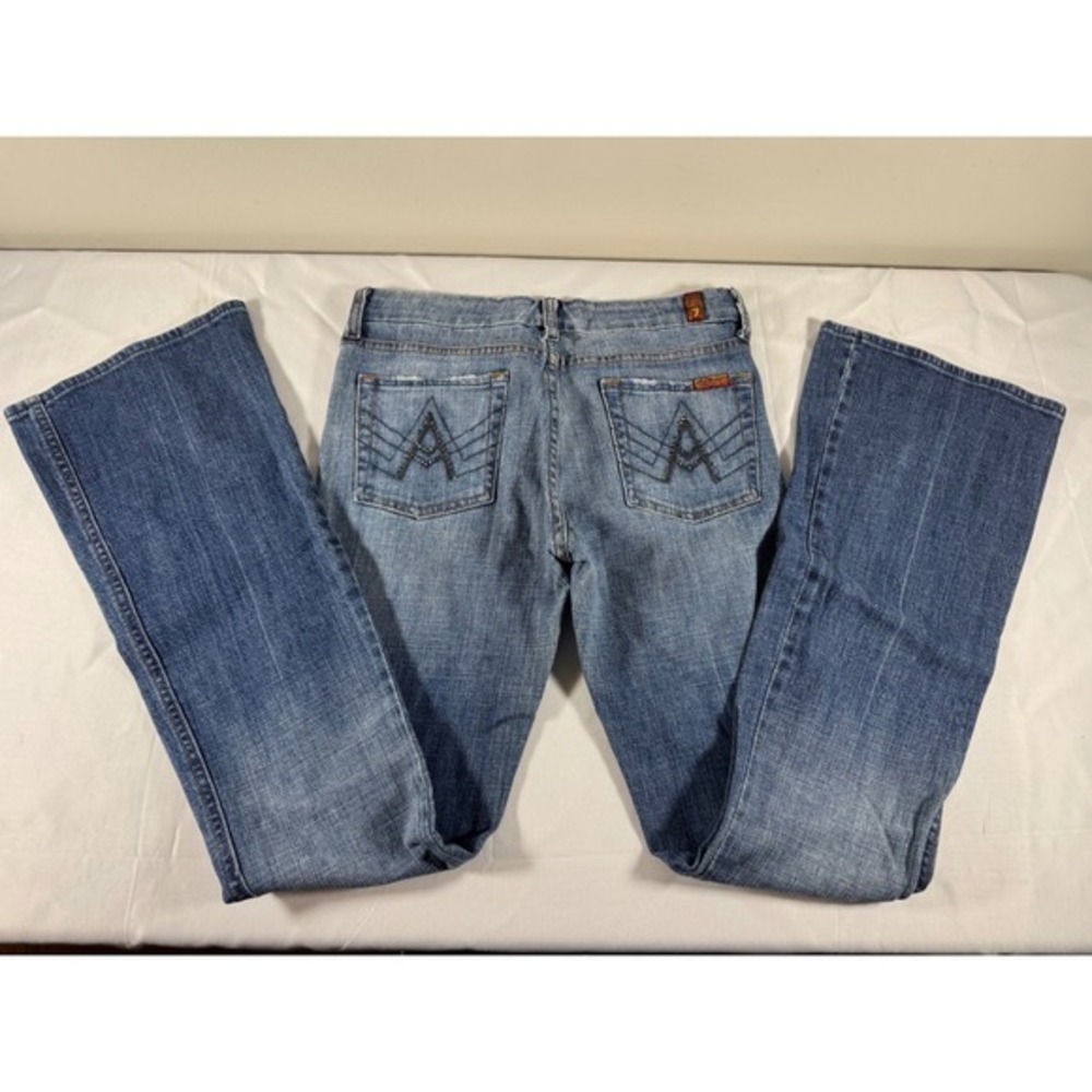 7 For All Mankind A-Pocket Flare Jeans Medium Wash Blue Denim Sz 28 Dark Crystal